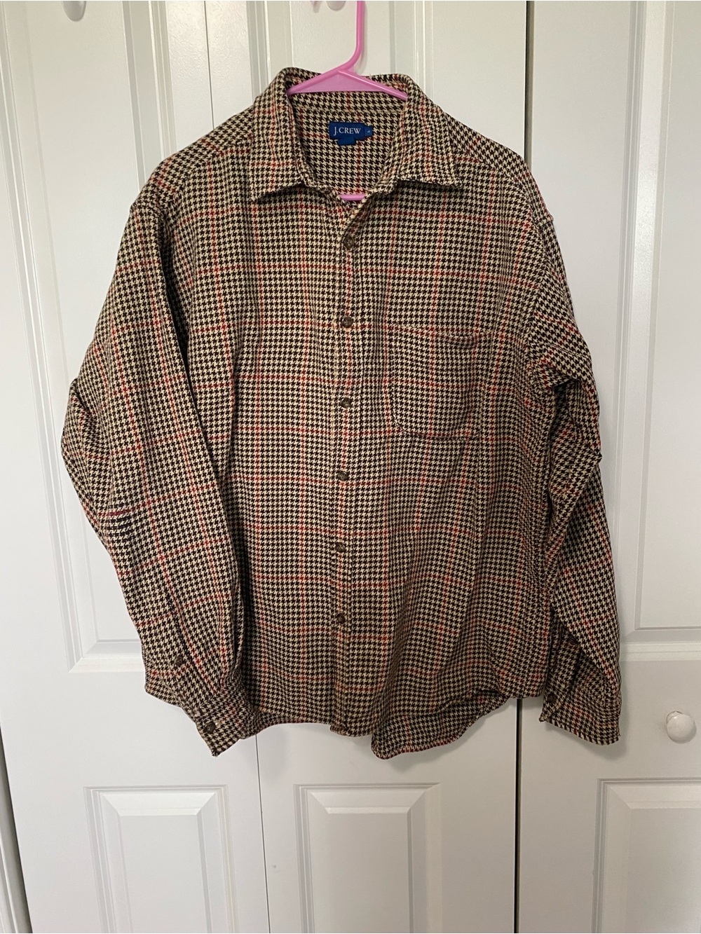 Vintage J. Crew Men's Brown and Tan Houndstooth Heavy Button-Down Shacket/Shirt - Picture 2 of 5